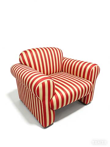 Red and Cream Vertical Striped Bulbous Upholstered Lounge Armchair with Plinth Base