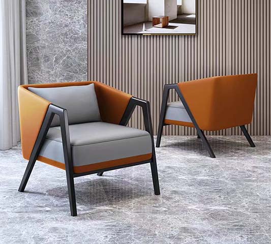 Two-Tone Cognac Grey Geometric Black Metal Frame Accent Armchair