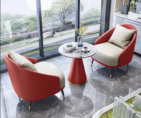 Two-Tone Terracotta and Cream Barrel Lounge Chair Pair with Round Glass Top Side Table Reception Conversation Set