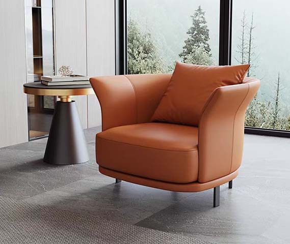 Tan Curved Barrel Upholstered Lounge Armchair with Black Metal Legs