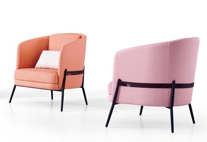 Curved Barrel Back Textured Fabric Lounge Armchair with Black Metal Legs and Leather Strap Accent