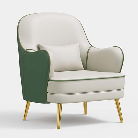 Two-Tone Cream and Dark Green Upholstered Curved Lounge Accent Armchair with Gold Tapered Legs and Matching Lumbar Pillow