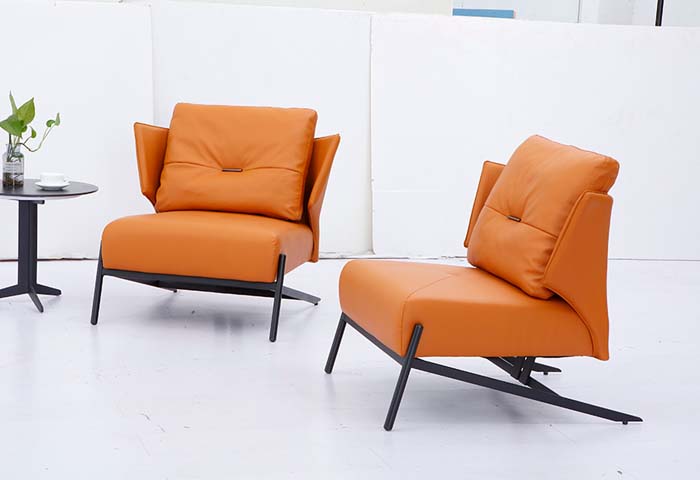 Orange Faux Leather Winged Armless Lounge Armchair with Black Cross Metal Frame