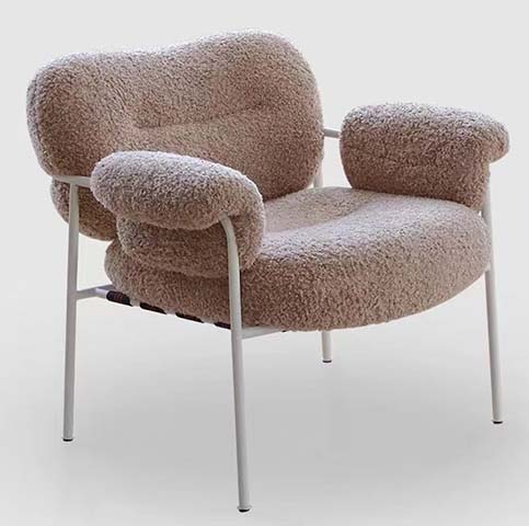 Beige Boucle Curved Accent Lounge Armchair with White Tubular Metal Frame