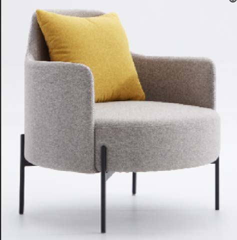 Light Gray Fabric Upholstered Barrel Lounge Armchair with Black Metal Legs and Accent Pillow