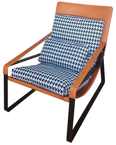 Tan Leather-Wrapped Frame Houndstooth Cushion Accent Lounge Chair with Black Sled Base