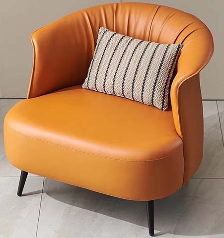 Caramel Faux Leather Barrel Accent Armchair with Throw Pillow and Black Metal Legs