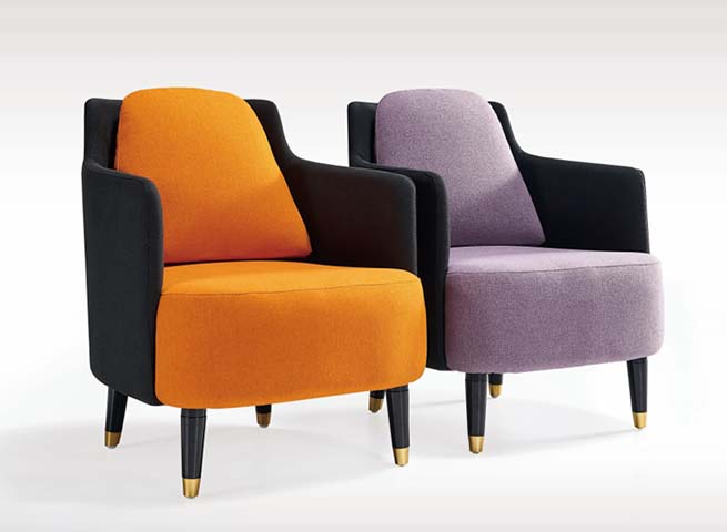 Two-Tone Upholstered Accent Armchair with Brass-Tipped Tapered Legs