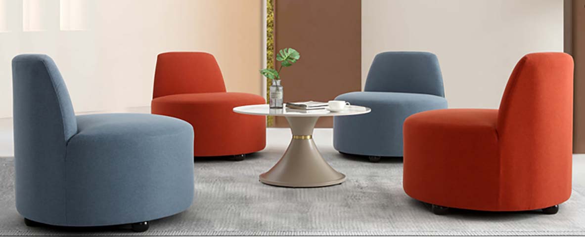 5-Piece Modern Lounge Seating Set with 4 Armless Swivel Caster Barrel Chairs and Round Pedestal Coffee Table