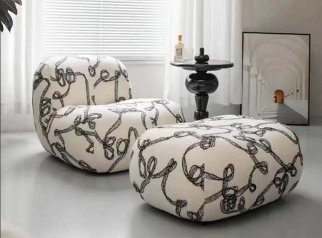 Upholstered Armless Lounge Chair with Matching Ottoman, Abstract Line Print