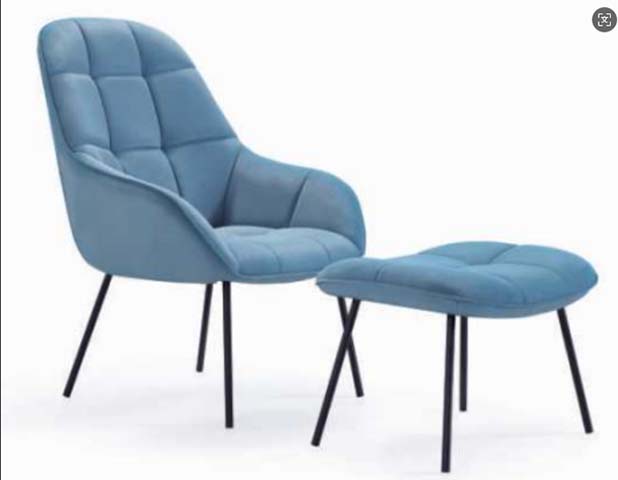 Light Blue Tufted Velvet Accent Lounge Chair with Matching Ottoman, Black Metal Legs