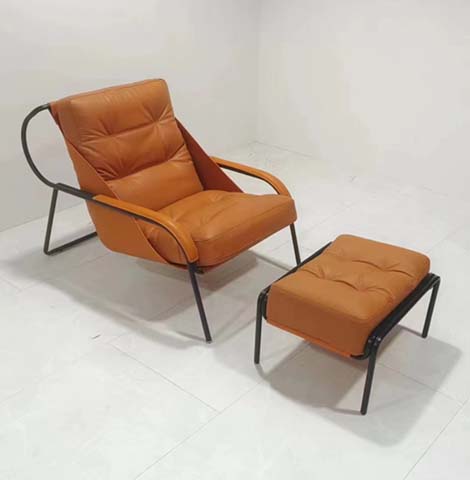Cognac Faux Leather Sling Lounge Chair with Matching Ottoman
