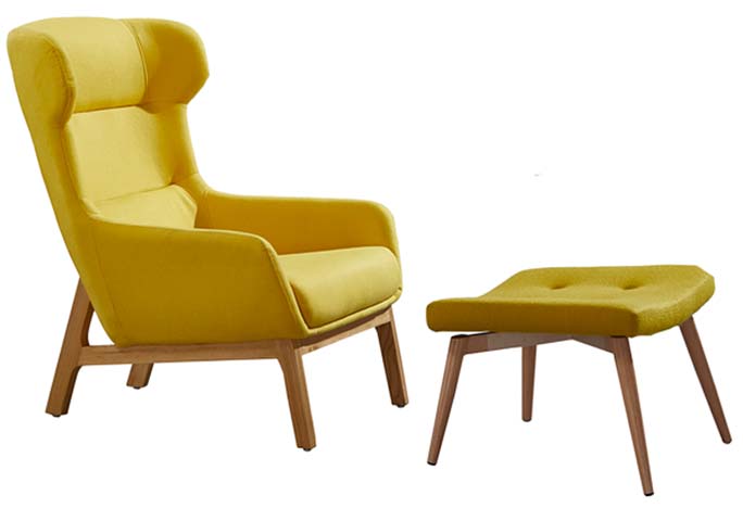 Mid-Century Modern Yellow Fabric Wingback Accent Lounge Chair with Matching Button-Tufted Ottoman