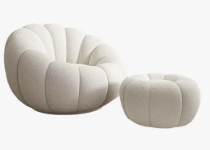 Cream Boucle Channel-Tufted Pumpkin Lounge Chair with Matching Ottoman Set