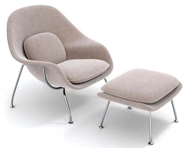 Oatmeal Boucle Womb-Style Lounge Chair with Matching Ottoman, Polished Chrome Legs