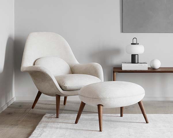Cream Fabric Curved Lounge Armchair with Matching Ottoman