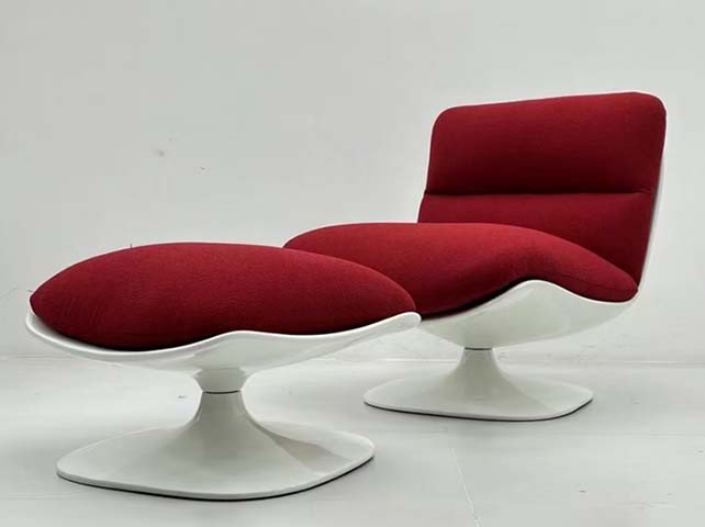 Armless Swivel Lounge Chair with Matching Ottoman, White Molded Shell, Burgundy Fabric Upholstery