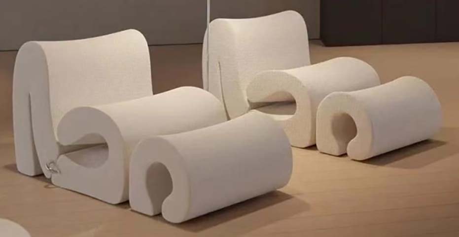 White Modular Armless Curved Lounge Chair with Interlocking Ottoman