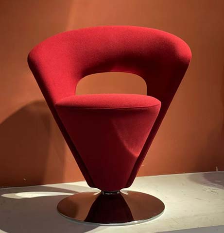 Sculptural Armless Red Fabric Swivel Lounge Chair With Central Back Cutout