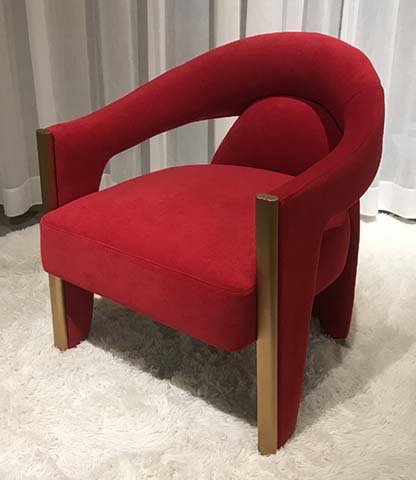 Red Velvet Upholstered Curved Barrel Lounge Armchair with Brass Accent Legs