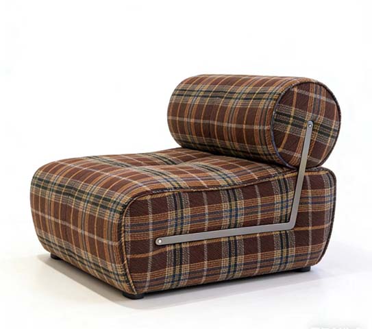 Brown Plaid Modular Armless Lounge Chair with Cylindrical Bolster Back