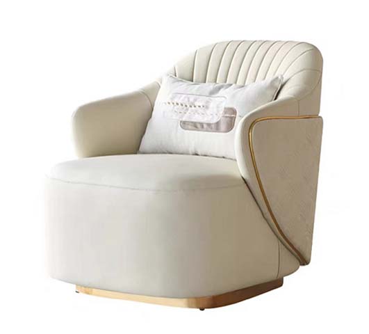 Cream Upholstered Swivel Lounge Chair with Channeled Back and Throw Pillow