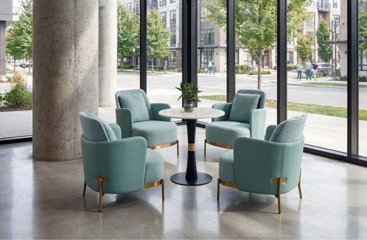 4-Seat Teal Velvet Lounge Conversation Set with Round Pedestal Table