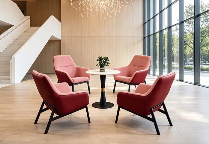 4-Piece Two-Tone Pink Burgundy Upholstered Lounge Reception Set with Round White Pedestal Side Table