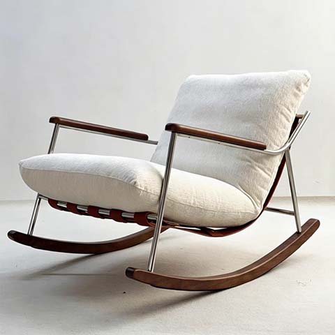 Mid-Century Modern Rocking Lounge Chair with Walnut Rockers and Off-White Woven Cushions