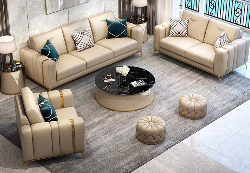 6-Piece Light Luxury Leather Upholstered Living Room Sofa Set with Coffee Table and Ottomans