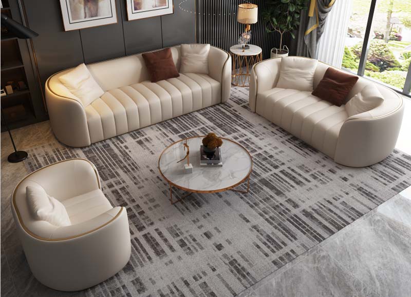 Curved Cream Channel-Tufted Living Room Sofa Set with Gold Trim