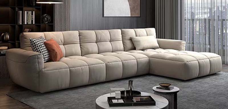 Beige Grid-Tufted L-Shaped Right Chaise Sectional Sofa