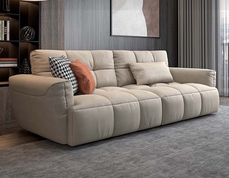 Beige Grid-Tufted Low-Profile Three-Seater Fabric Sofa