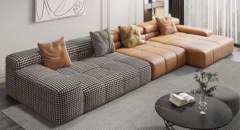 Low-Profile Channel-Tufted L-Shaped Modular Sectional Sofa with Mixed Houndstooth and Brown Faux Leather Upholstery