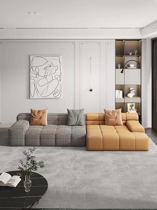 Modular Low-Profile Sectional Sofa with Checked Fabric and Faux Leather Upholstery