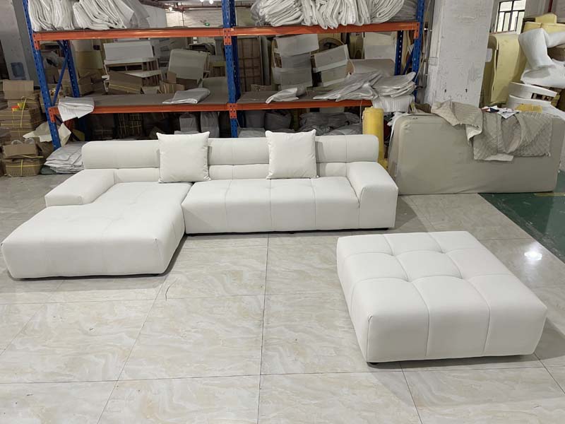 White L-Shaped Left-Chaise Sectional Sofa with Matching Tufted Ottoman