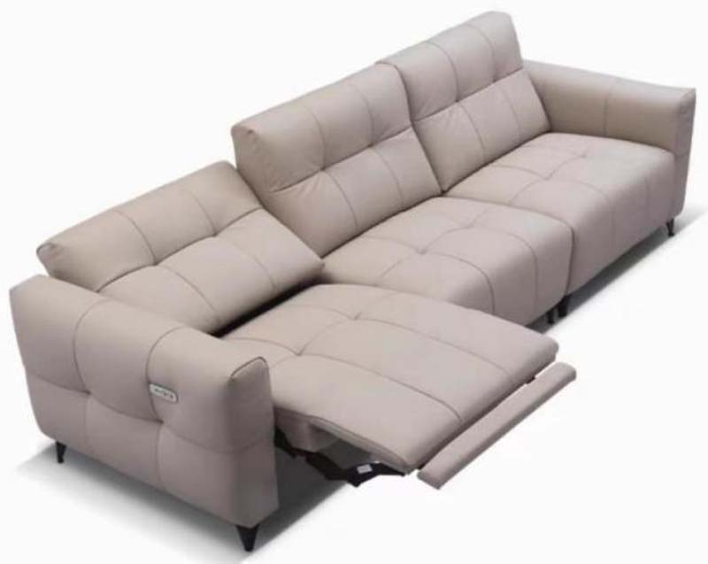 Light Beige Grid-Stitched Power Reclining L-Shaped Sectional Sofa with Left Chaise