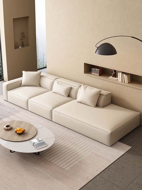 Cream Low-Profile Box Modular Sectional Sofa with Right Open Chaise