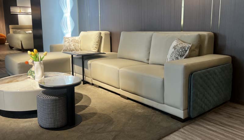 Modern Light Beige L-Shaped Sectional Sofa with Dark Green Diamond-Quilted Side Panels and Left Chaise