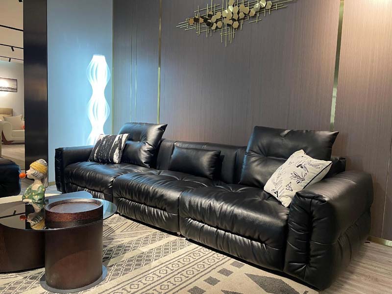 Tufted Black Leather 3-Seat Lounge Sofa