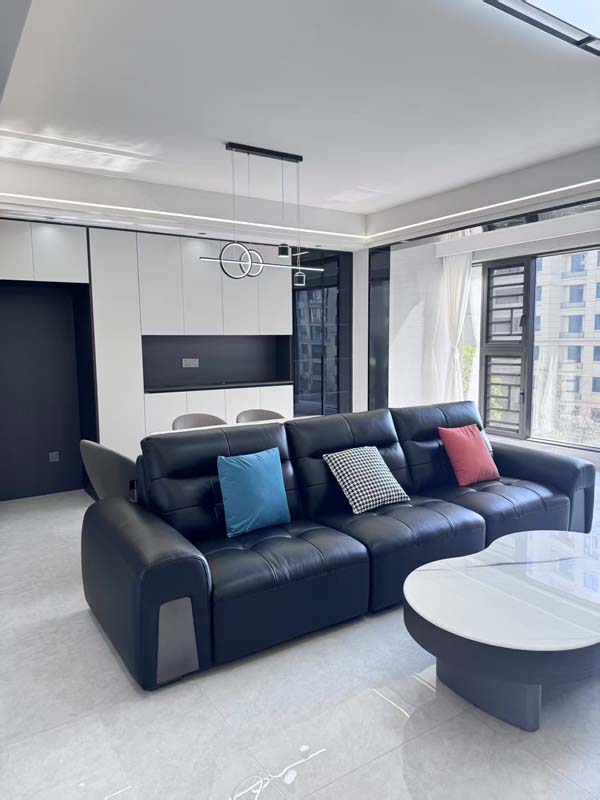 Modern Blocky Black Leather Three-Seater Sofa with Grey Arm Accent