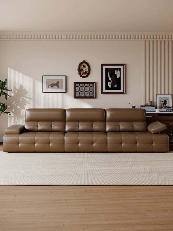 Mid-Century Caramel Square-Tufted Low-Profile Straight 4-Seat Leather Sofa