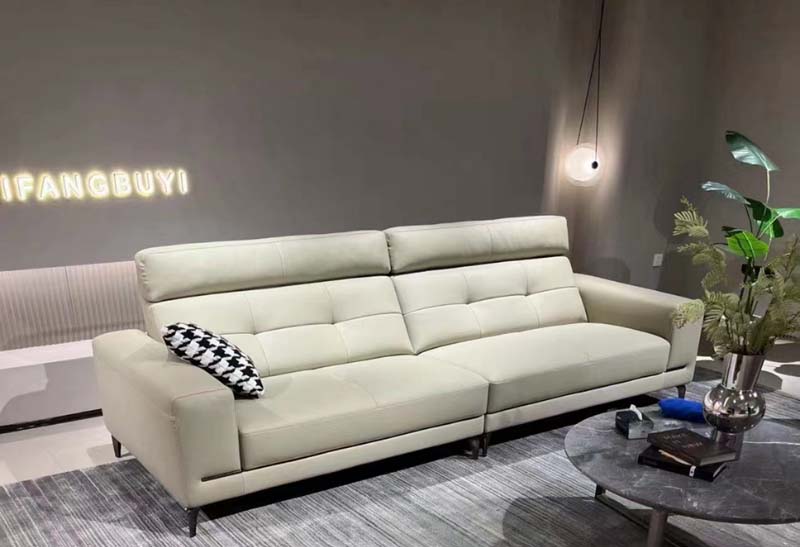 Cream White Leather 3-Seater Modern Sofa with Adjustable Headrests