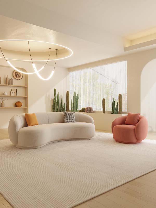 Cream Curved Three-Seater Upholstered Sofa with Plinth Base