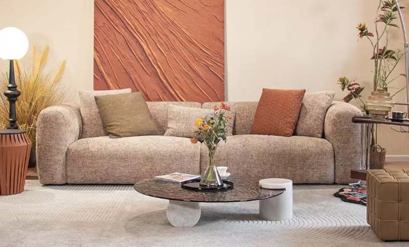 Oatmeal Textured Fabric Curved Three-Seater Sofa