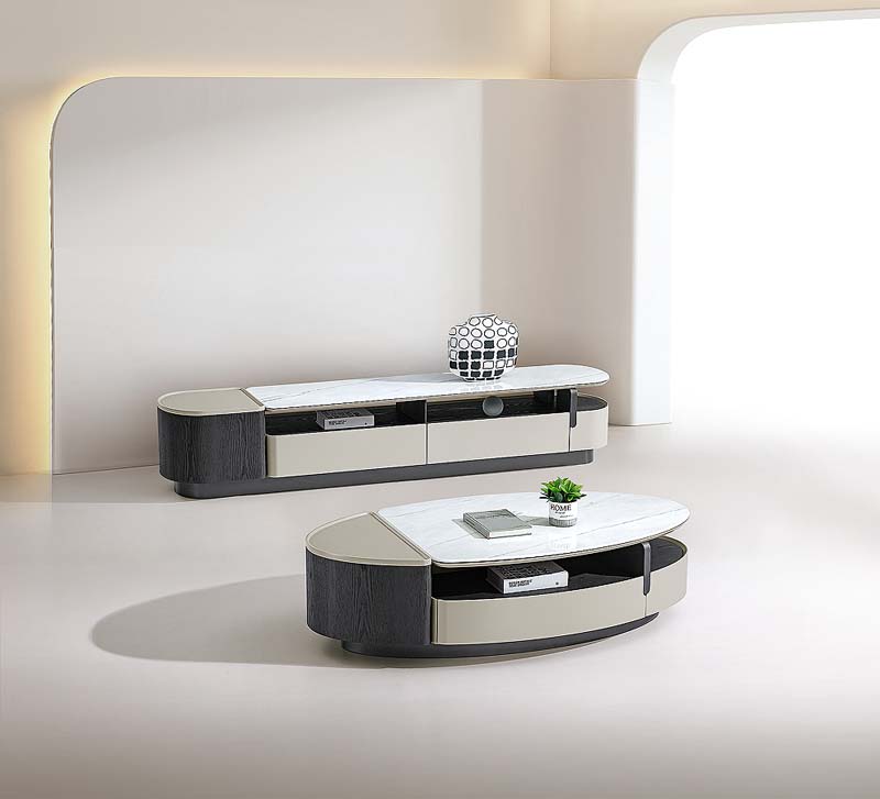 Stone-Top Rounded Media Console and Oval Coffee Table Set