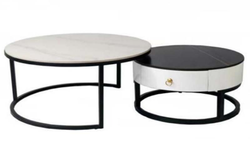 Two-Piece Round Nesting Coffee Table with Marble-Look Top and Drawer