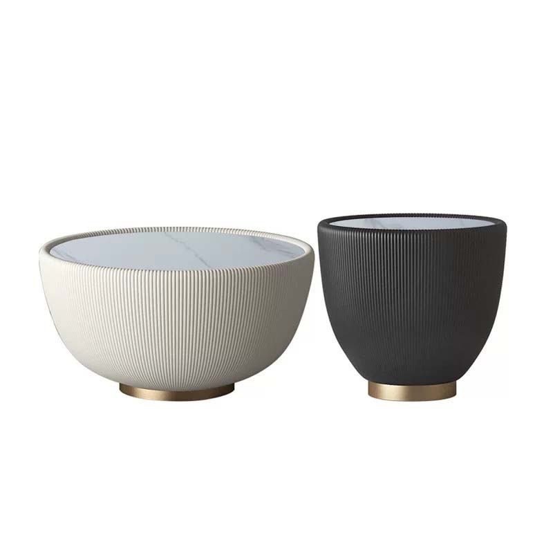 Two-Piece Ribbed Drum Coffee Table Set with Stone Tops