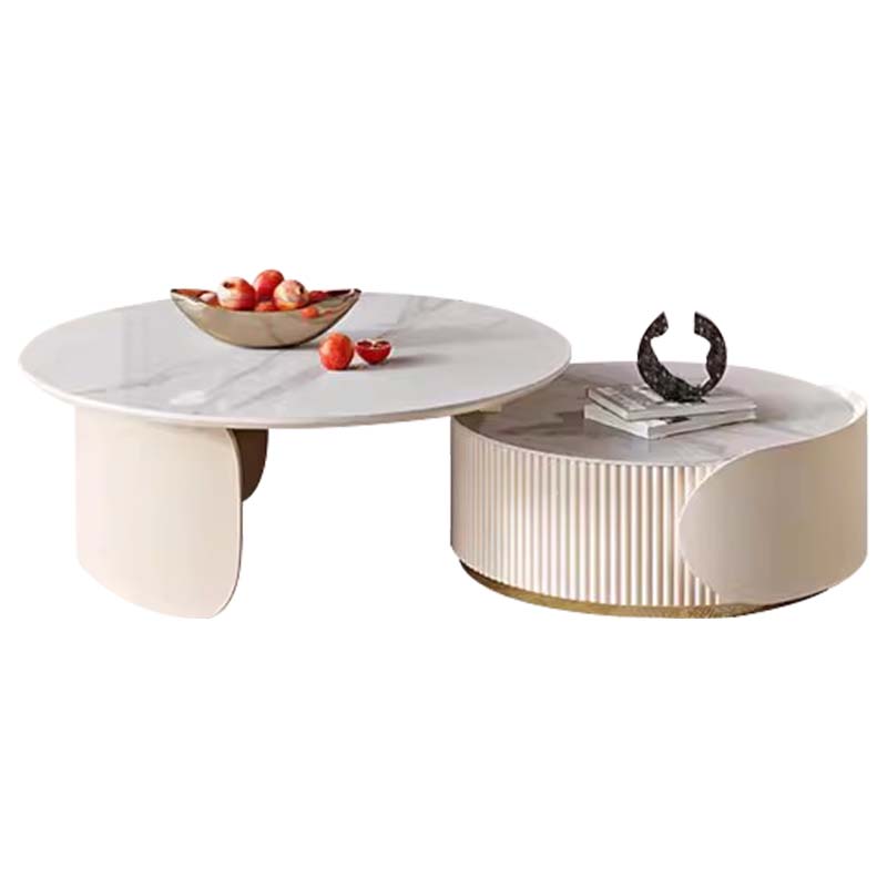 Round Nesting Coffee Tables with White Stone Tops and Ribbed Cream Bases