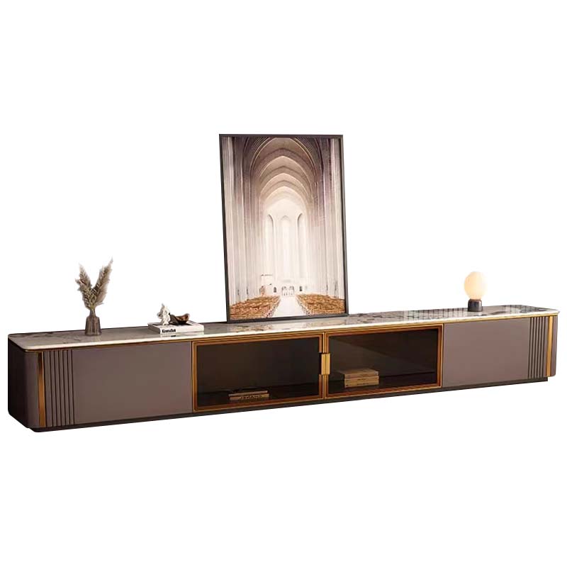 Modern Marble-Top TV Media Console with Glass Doors